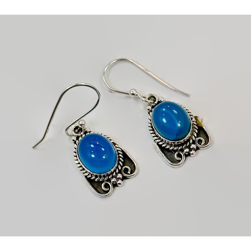 Chalcedony Earrings, Sterling Silver, Pierced, Blue Stone, Dangle Earrings